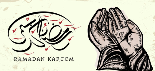 hand drawing sketch of colored hand praying. Vector illustration for ramadan poster, flyer, greeting card, banner and template