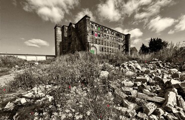 Derelict, Victorian stone built mill, with rubble and plants, in the foreground on, Barkerend Road,...