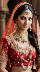 Enchanting Portrait of an Indian Bride in Red Lehenga and Opulent Jewelry, Generative AI.