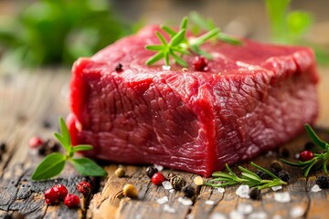 A raw piece of meat is placed on a wooden table, showcasing its texture and freshness in a simple setting.