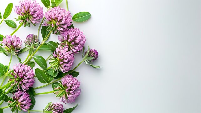 Clover or trefoil flower bokeh top view and white space a medical herb with a big space for text or product, Generative AI.