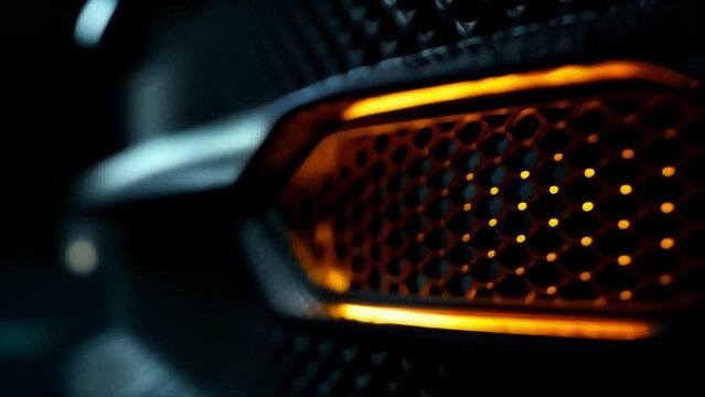 A unique perspective of an illuminated grille shot from an angle to showcase the depth and dimension created by the combination of lights and shadows.