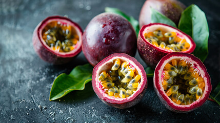 passion fruits and half on dark background - AI Generated