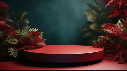 An empty base pedestal for a commercial product display, nature of leaves on a dark blue background.
