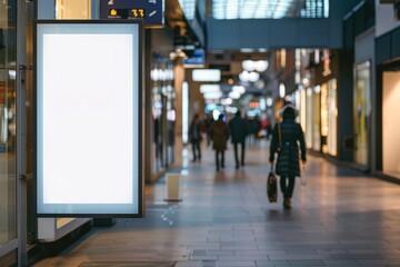 Blank billboard. Roll up mockup poster stand in an shopping center or mall environment as wide banner design with blank empty copy space area - obrazy, fototapety, plakaty