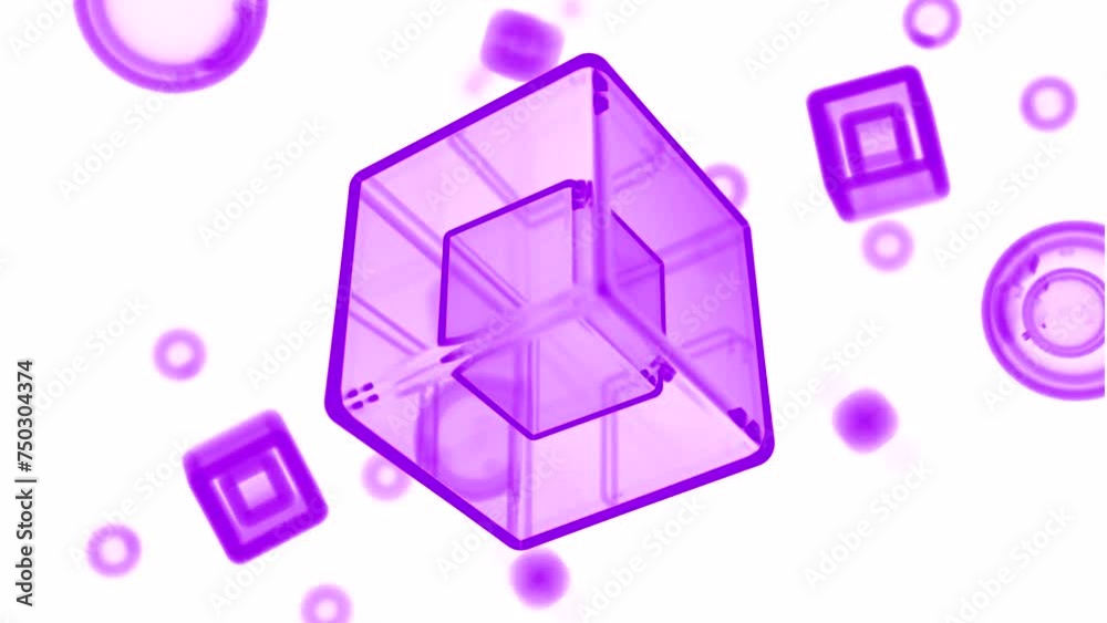 Poster 3d cubes rotating in virtual space. design. transparent cubes and round bubbles.