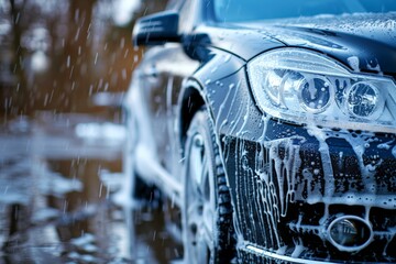 Outdoor car wash with foam soap, Washing Car Backdrop, washing with Copy Space - obrazy, fototapety, plakaty