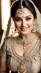 Golden Radiance: Empowering Portrait of a Confident Overweight Indian Bride in Opulent Golden Lehenga, Celebrating Tradition, Generative AI.