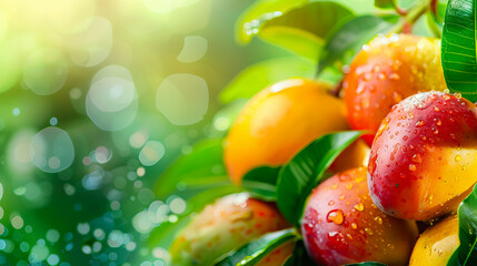 Fototapeta na wymiar close upRipe mango fruits on mango tree on bokeh garden background - AI Generated