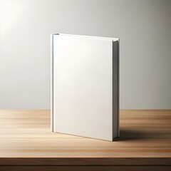 Hardcover Book Mockup Standing on Oak Wood Table, Ideal for Artists and Designers to Feature Their Work in a Natural Light Environment with a Clean and Modern Aesthetic