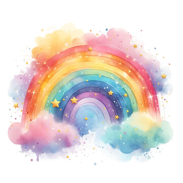 Naklejki Watercolor Rainbow Clipart PNG Cloud glitter illustration Ai Generated