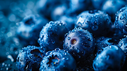 close up blueberries with water drop soft focus - AI Generated - obrazy, fototapety, plakaty