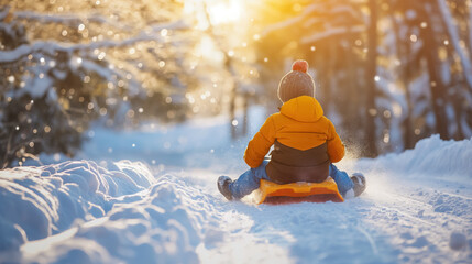 Child sledding in snowy sunlight.