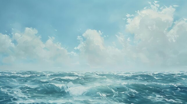 A detailed painting depicting a vast and breathtaking body of water, capturing the essence of its size and grandeur.