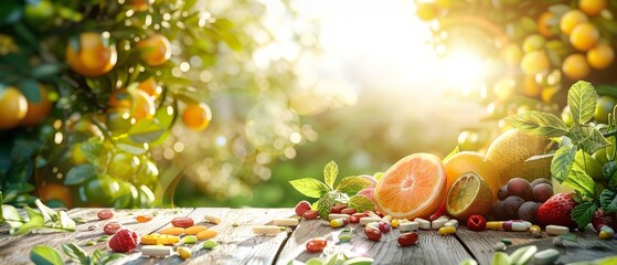 Fresh healthy summer fruits with a nature backdrop in a wooden surface a concept of multivitamin with a nature backdrop, Generative AI. - obrazy, fototapety, plakaty