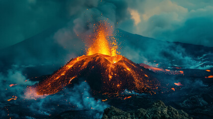 Erupting volcano with fiery lava flows.