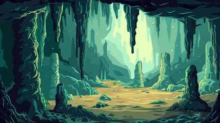 Mystical green cave with stalactites.