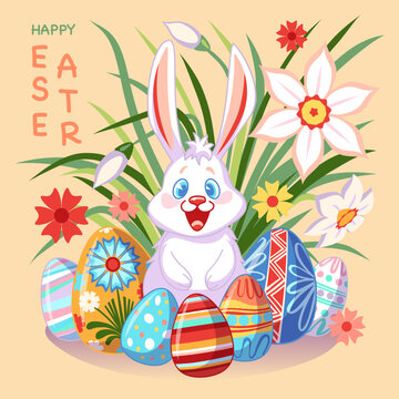 Happy Easter poster with Easter bunny, flowers and eggs with traditional floral pattern