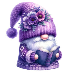 Fototapeta na wymiar Purple Floral Gnome Illustration with Flowers.