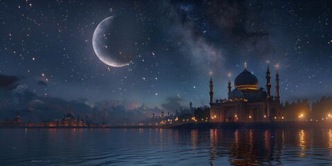 Mosque by the lake under a starlit sky with Milky Way galaxy Ramadan background design concept A mosque in the night with a full moon in the background