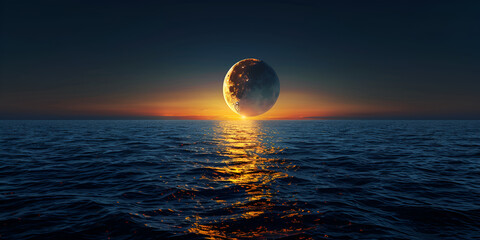 Captivating views Ocean waves of the crescent moon signaling Full moon rising over empty ocean at night background and wallpaper 