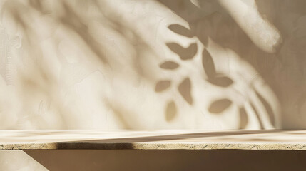 Refined Product Presentation on Nordic Wooden Counter with Sunlight and Leaf Shadows