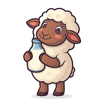  Sheep Holding Milk Bottle Cartoon, Isolated Transparent Background Images