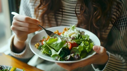 Fresh salad with vegetables held by a woman in a bowl