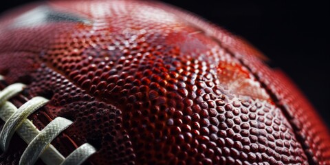 A detailed close-up of a football resting on a stark black background, showcasing its texture and design.