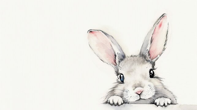Whimsical Watercolour Bunny Peeking Over Blank Card for Personalization