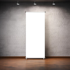 Empty roll up banner mockup on white brick wall with spotlights