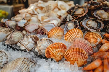 A collection of diverse seashells displayed on a bed of ice, showcasing their unique shapes, sizes, and colors in a cool setting.