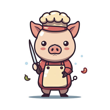  Pig Chef Holding Knife Cartoon, Isolated Transparent Background Images