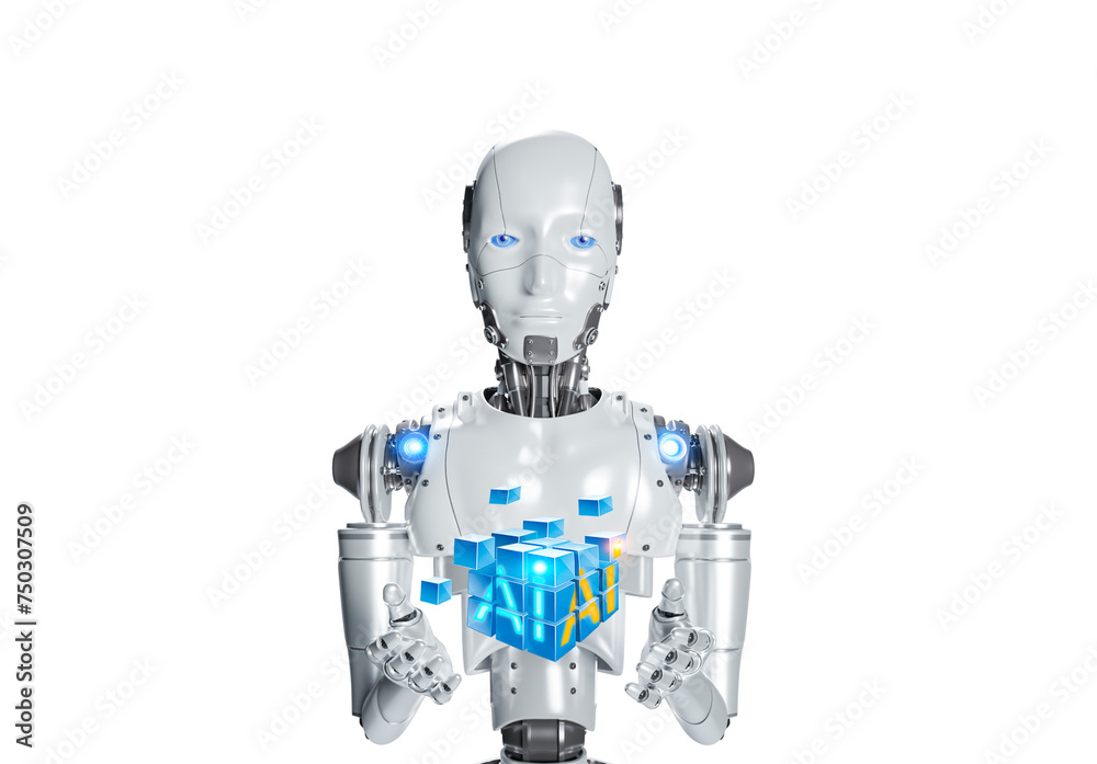 Poster Humanoid robot holding many little cube blocks that are merging into cubic shape with artificial Intelligence symbol isolated on transparent background, 3D rendering illustration