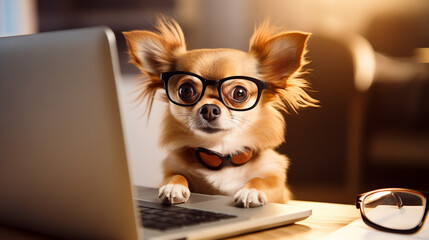 dog sitting on a chair with laptop