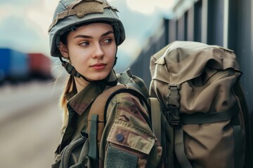A woman in a military uniform stands with a backpack on a rugged terrain, ready for a mission or deployment.