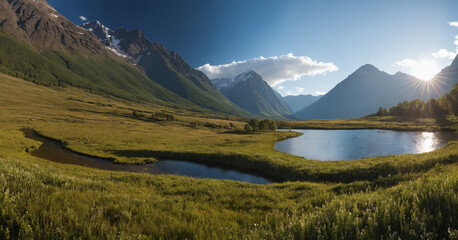 Fototapeta premium Mountain Serenity Captivating Panorama of Altai's Lake and Range