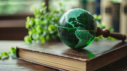 A globe sits on top of a book, with a magnifying glass in the foreground