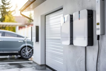 Wall-mounted Battery packs for daily activities. Battery packs alternative electric energy storage system at home garage wall as backup or sustainable energy concepts.  