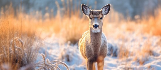 Deer standing in frozen grass on winter morning