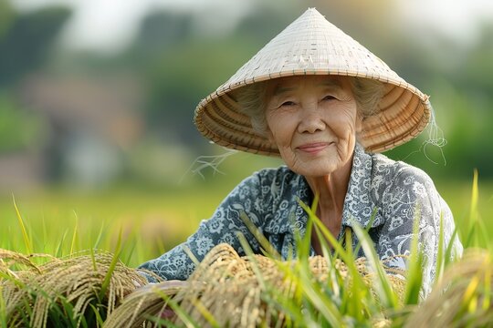Portrait of Asian middle aged woman working in rice field with a big space for text or product, Generative AI.