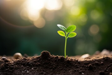 Showing financial developments and business growth with a growing tree on a coin. Planting seedling growing step in garden with sunshine. Concept of business growth, profit, Growth Financial 