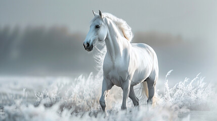 A majestic horse its coat as immaculate as the purity of a floating white essence bottle standing in a tranquil field