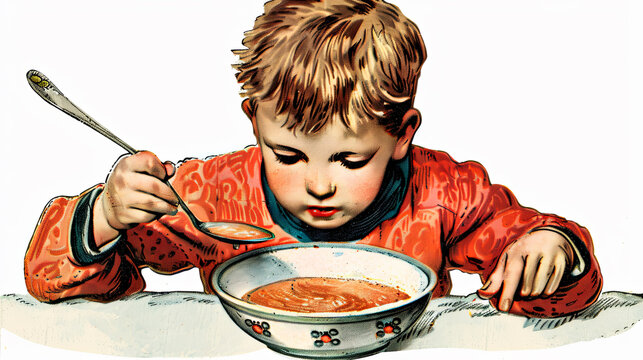 Little boy eating soup in a vintage clip art style