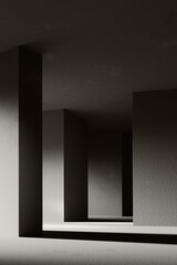 A black and white background with light coming through the building structure. 3d rendering.