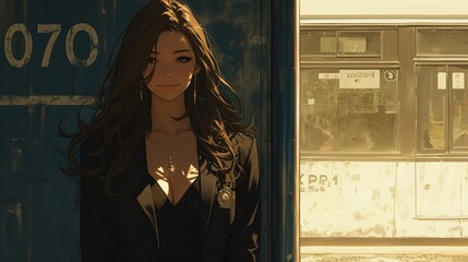 Obraz premium バスを待つビジネスウーマン、バス停14