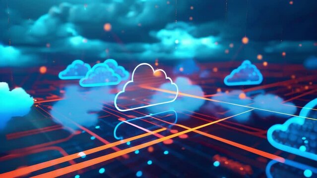 An upclose image of a virtual cloud network with nodes representing different factories and facilities connected to a central cloud hub for efficient data sharing and management.
