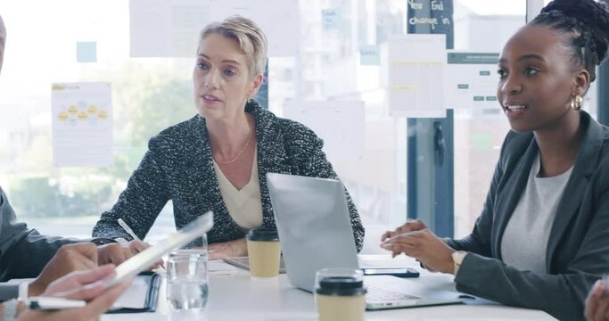 Business people, teamwork and tablet in meeting for manager update, workflow feedback and planning. Professional employees or group talking of office agenda and human resources on digital technology
