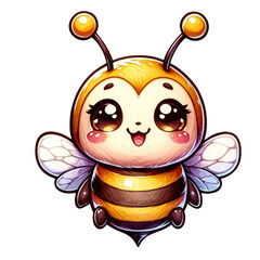 An illustration of a cute bee character with smiling face, rendered in watercolor style.