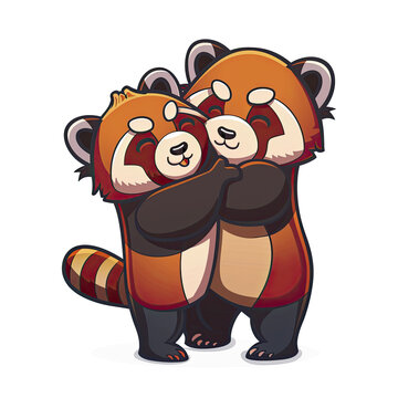 Panda Hug Red Panda Cartoon  , Isolated Transparent Background Images